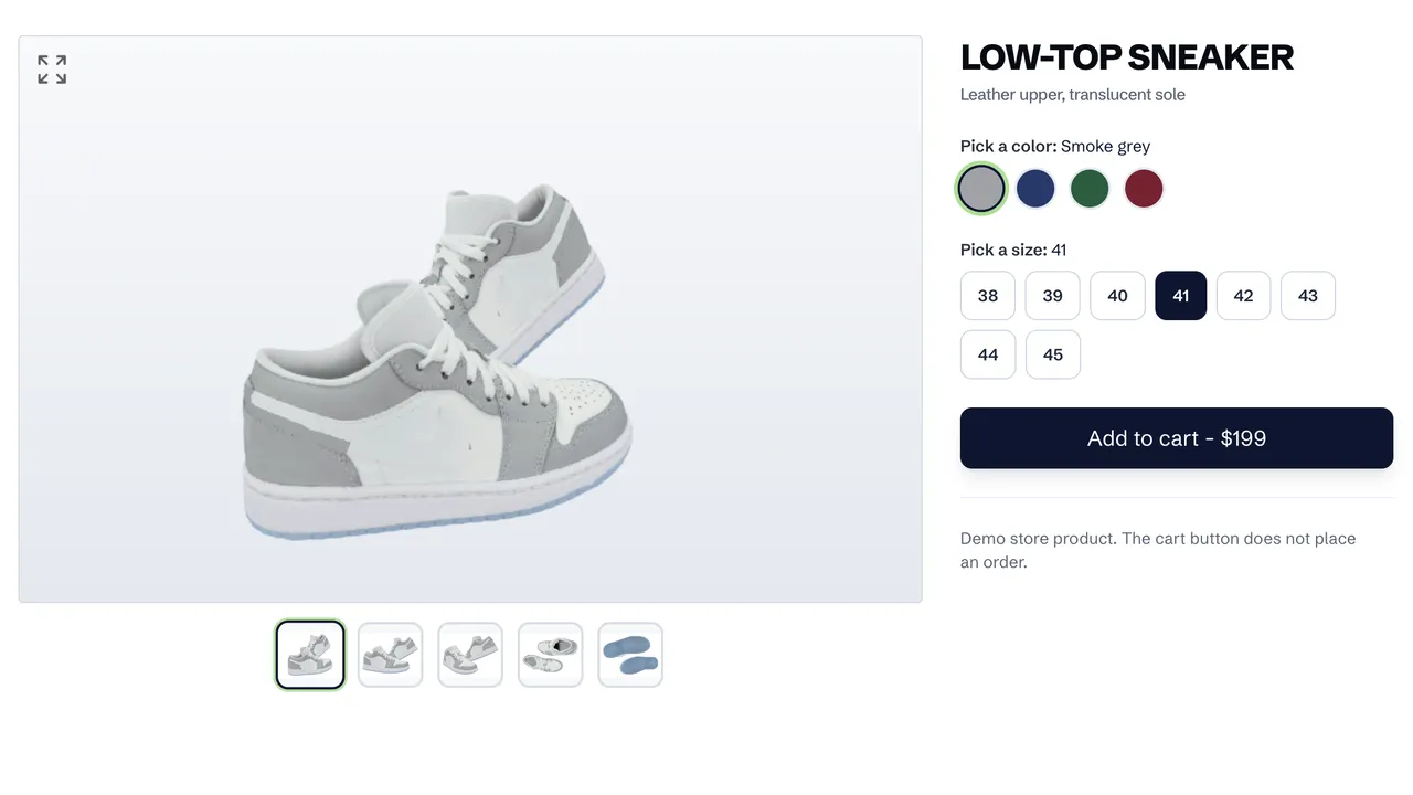 Sneaker product page with a 3D viewer, color swatches, sizes and viewpoint thumbnails