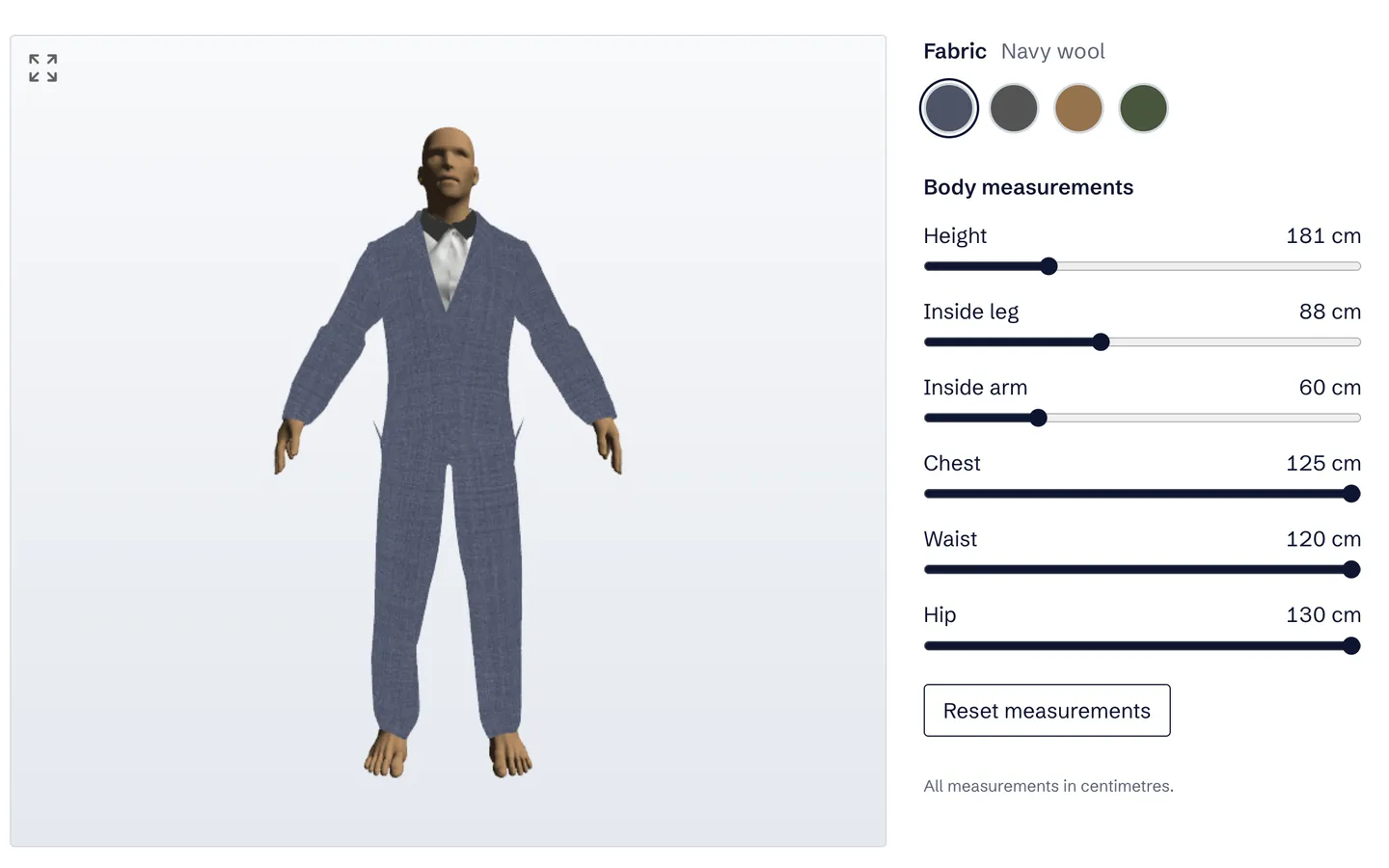 Suit on a 3D mannequin with fabric swatches and body measurement sliders