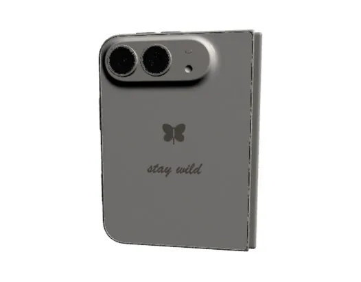 Folded phone with an engraved butterfly and the words stay wild on its back