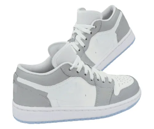 Grey and white low-top sneakers in the basic configuration showcase