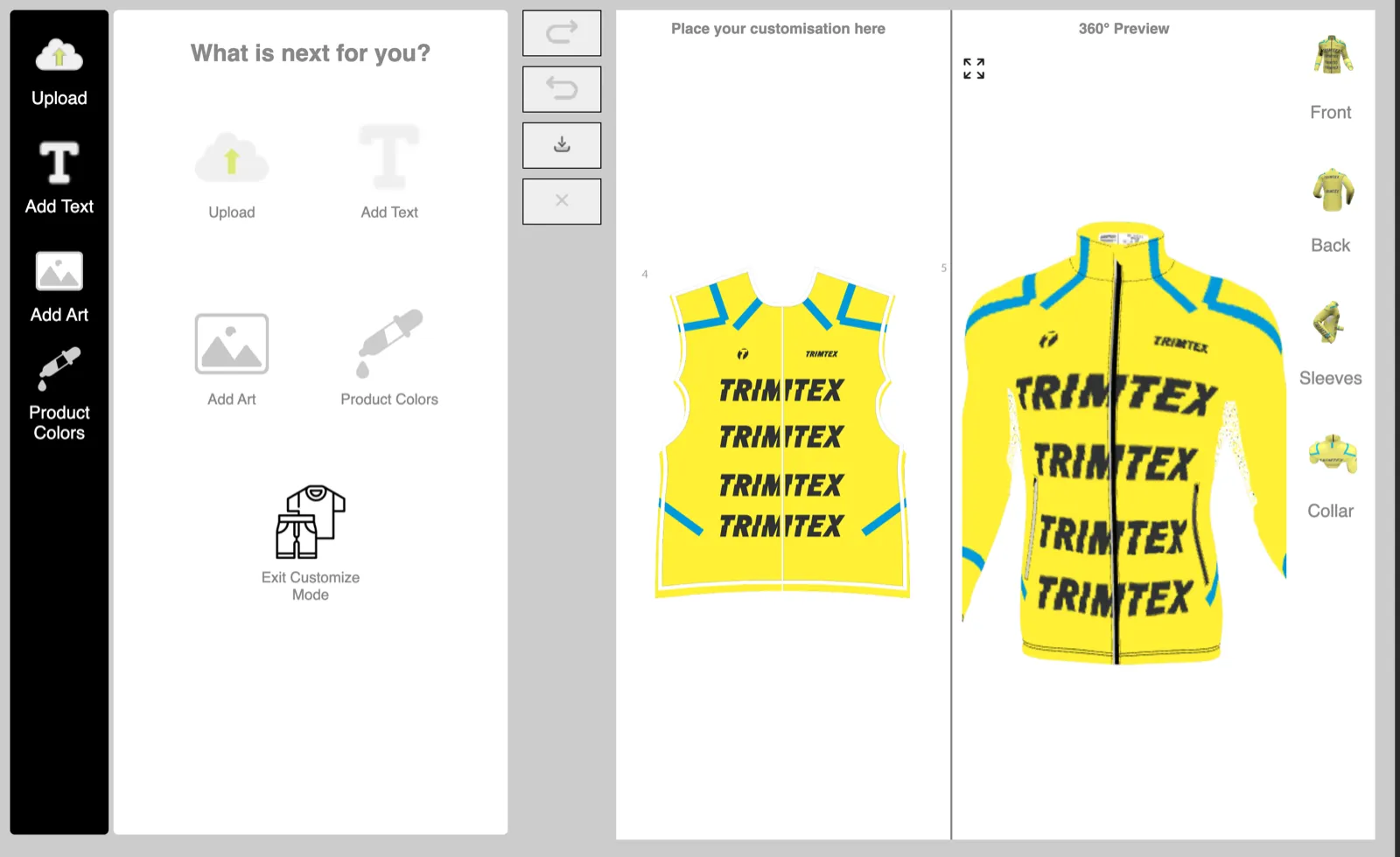 Trimtex sports jacket with a 2D design panel beside the 3D preview